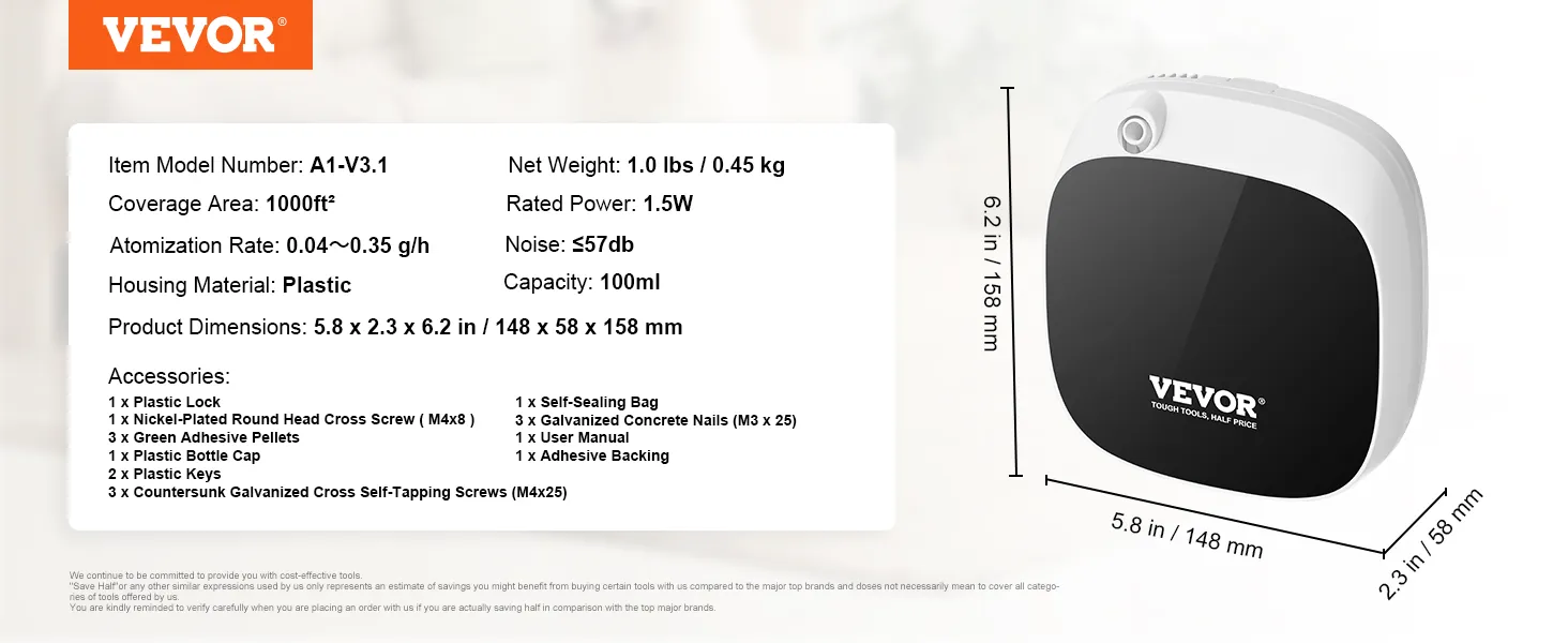 Details zur Duftmaschine von VEVOR: Reichweite 93,4 m², Zerstäubung 0,04–0,35 g/h, Gewicht 4,5 kg, Abmessungen 14,7 x 5,8 x 15,7 cm.