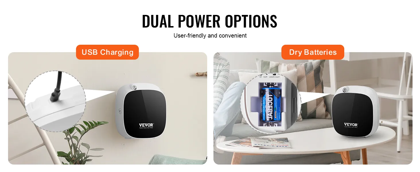 VEVOR-Duftluftgerät mit zwei Stromversorgungsoptionen: USB-Aufladung und Trockenbatterien. Benutzerfreundlich und praktisch.