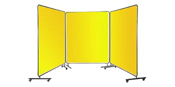 VEVOR lasgordijn met felgele panelen en verstelbare frames op wielen.