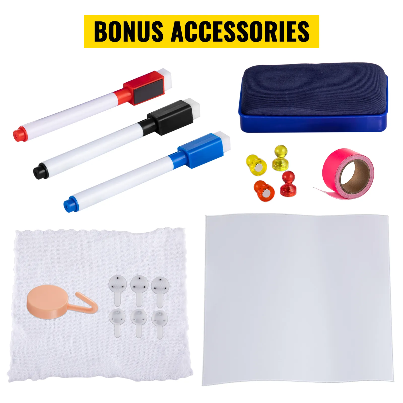 Papier tablicowy VEVOR z markerami, gumką, ściereczką, szpilkami magnetycznymi, taśmą i akcesoriami.