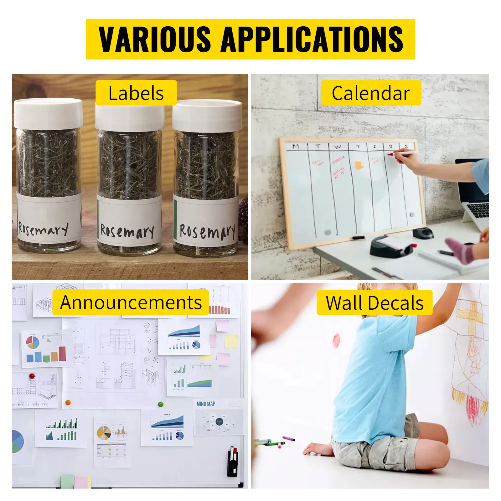 Papier tablicowy VEVOR do etykiet, kalendarzy, ogłoszeń i naklejek ściennych o różnych zastosowaniach.