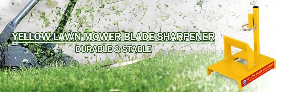 Afilador de cuchillas para cortadora de césped VEVOR amarillo sobre fondo de hierba, duradero y estable.