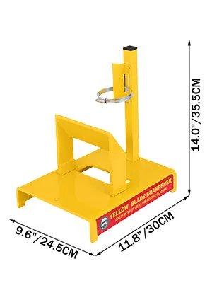 Afilador de cuchillas para cortadora de césped VEVOR amarillo con dimensiones y construcción de metal resistente