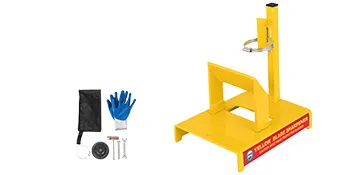 Afilador de cuchillas para cortadora de césped VEVOR amarillo con guantes, herramientas y accesorios de seguridad.