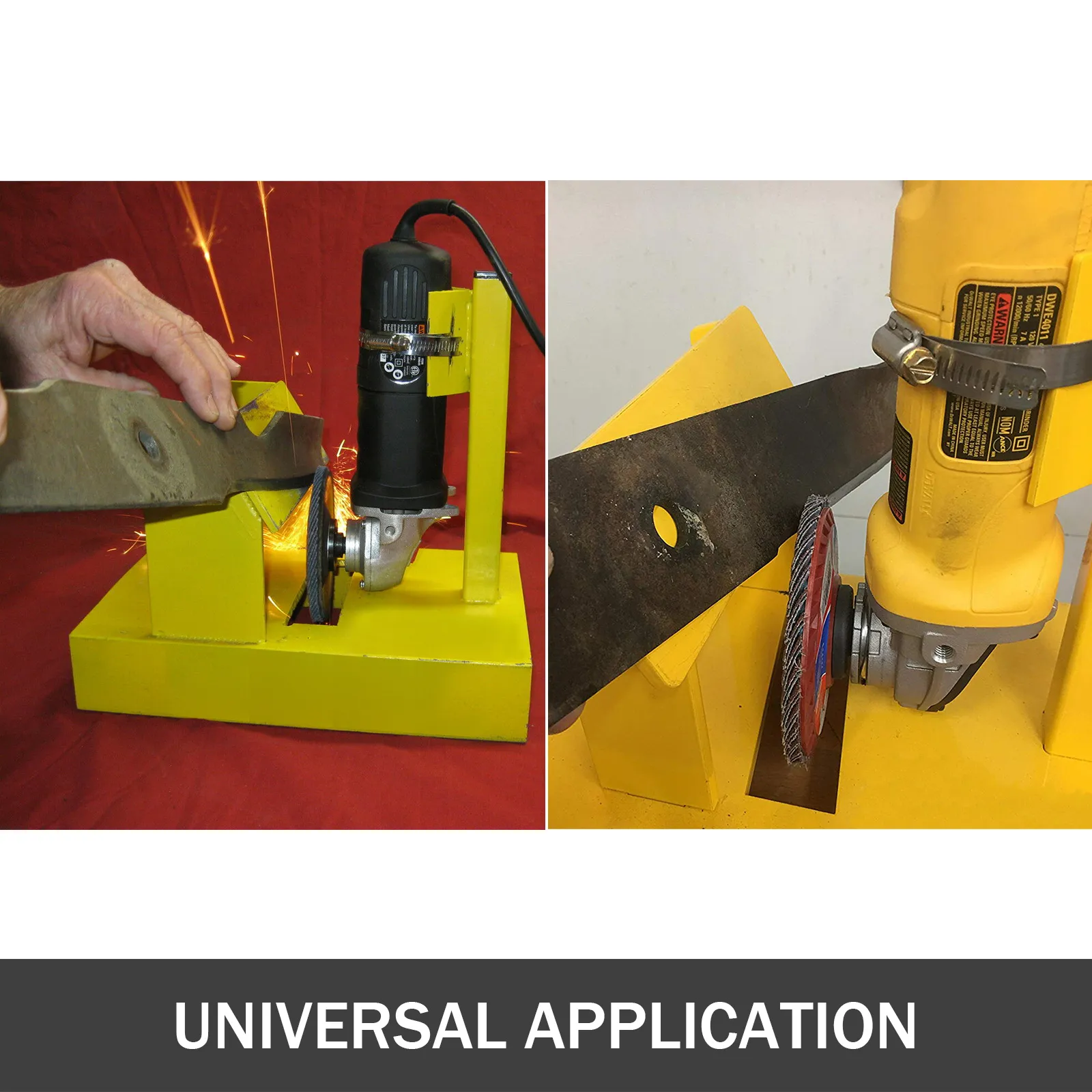 Afilador de cuchillas para cortadora de césped VEVOR en acción con chispas volando, vistas de cerca.