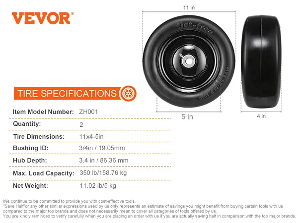 VEVOR lawn mower tires, model zh001, 11x4-5 in, 350 lb capacity, set of 2.