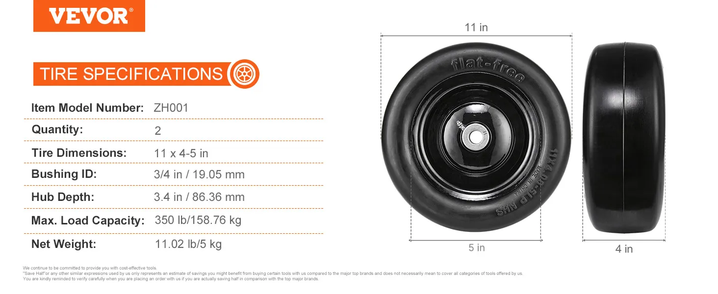 VEVOR lawn mower tires, model zh001, 11x4-5 in, 350 lb capacity, set of 2.