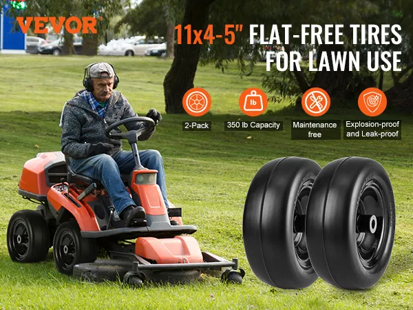 VEVOR lawn mower tires, 11x4.5", 2-pack, 350 lb capacity, maintenance-free, explosion and leak-proof.