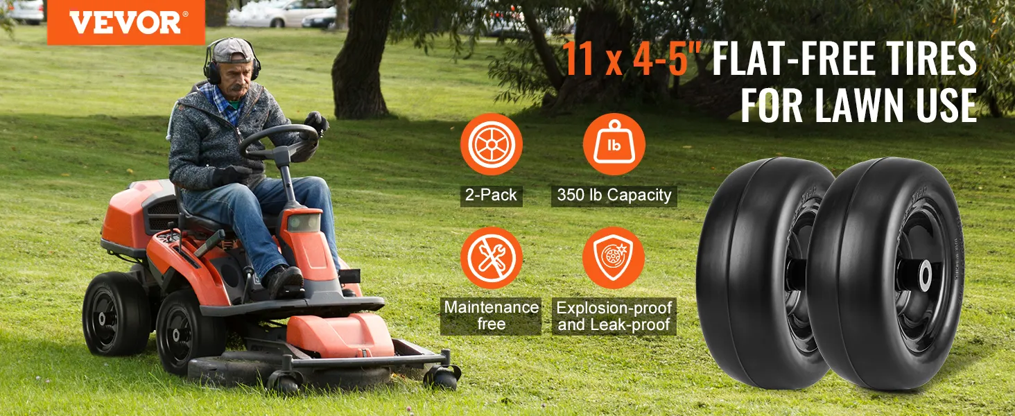VEVOR lawn mower tires, 11x4.5", 2-pack, 350 lb capacity, maintenance-free, explosion and leak-proof.
