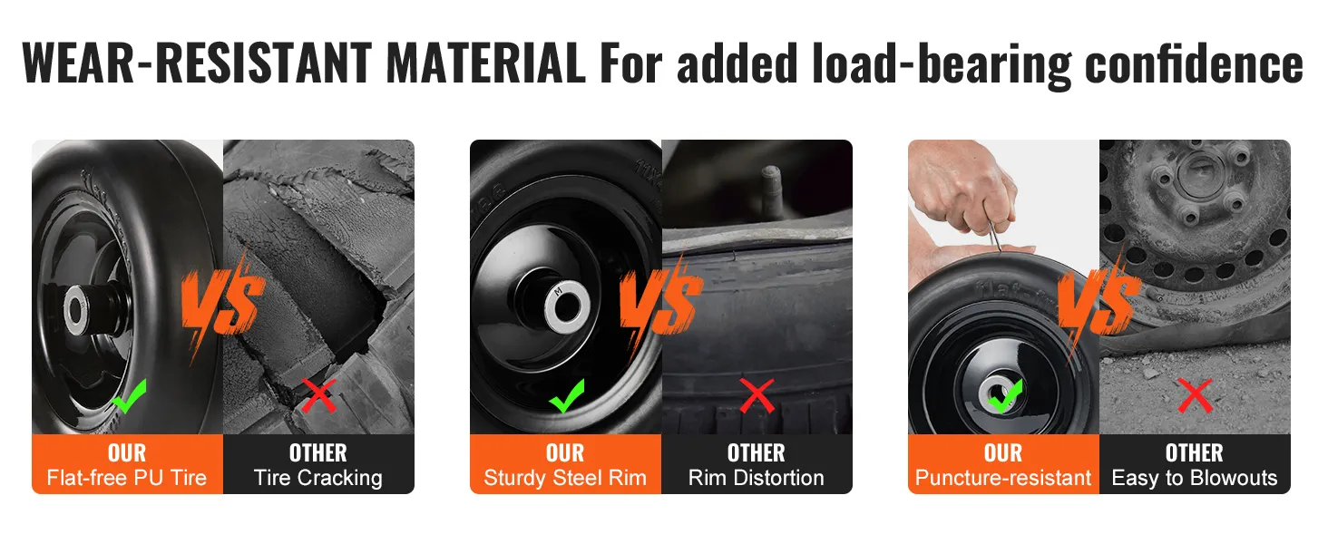 wear-resistant VEVOR lawn mower tires vs inferior options, showcasing flat-free, sturdy, puncture-resistant features.