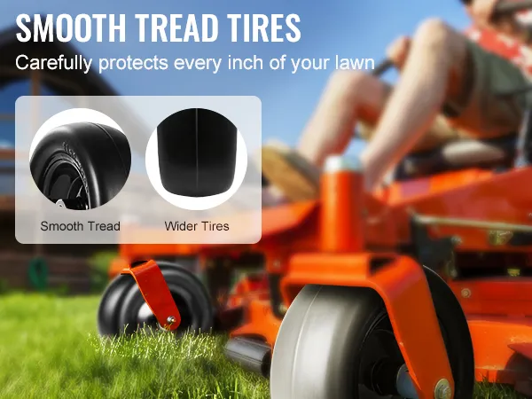 VEVOR lawn mower tires with smooth tread and wider design for protecting your lawn.