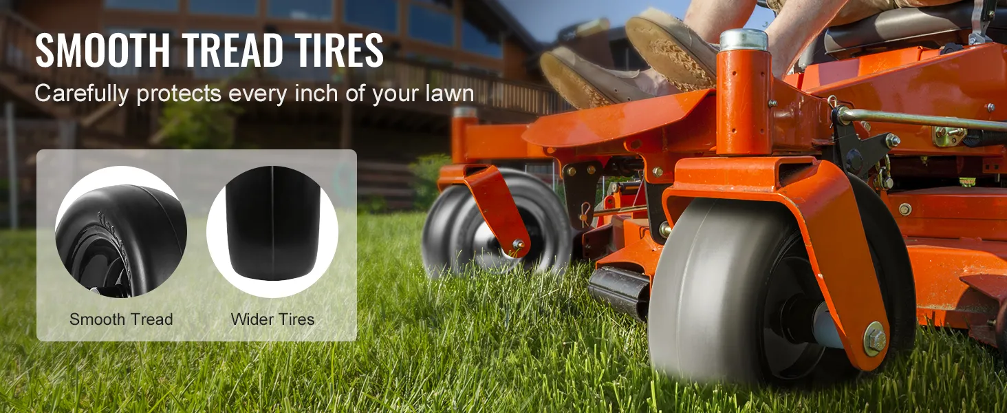 VEVOR lawn mower tires with smooth tread and wider design for protecting your lawn.