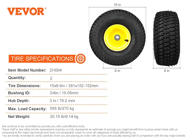 Neumáticos para cortadora de césped VEVOR, 15x6-6 pulgadas, buje amarillo, cantidad: 2, carga máxima: 595 lb, diámetro interior del buje: 3/4 pulgadas.