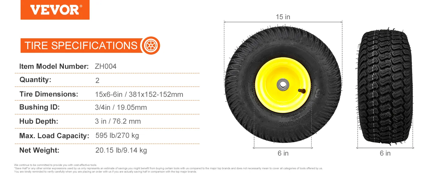 Neumáticos para cortadora de césped VEVOR, 15x6-6 pulgadas, buje amarillo, cantidad: 2, carga máxima: 595 lb, diámetro interior del buje: 3/4 pulgadas.