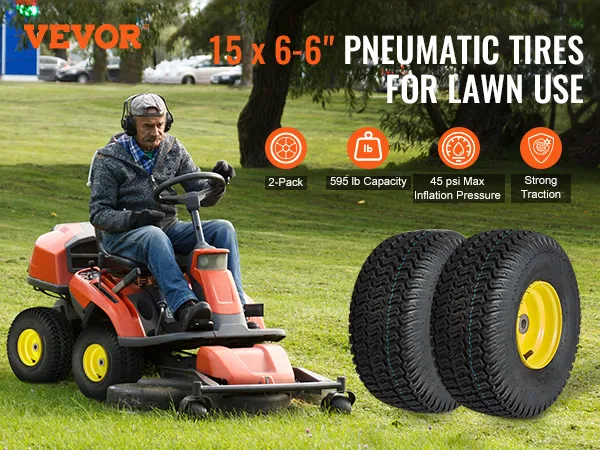 Neumáticos para cortadora de césped VEVOR con tamaño 15x6-6", paquete de 2, capacidad de 595 lb, presión máxima de 45 psi, fuerte tracción.