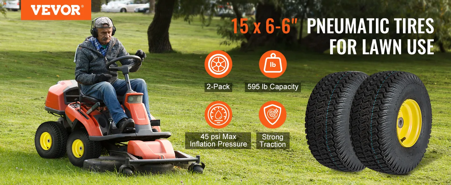 Neumáticos para cortadora de césped VEVOR con tamaño 15x6-6", paquete de 2, capacidad de 595 lb, presión máxima de 45 psi, fuerte tracción.