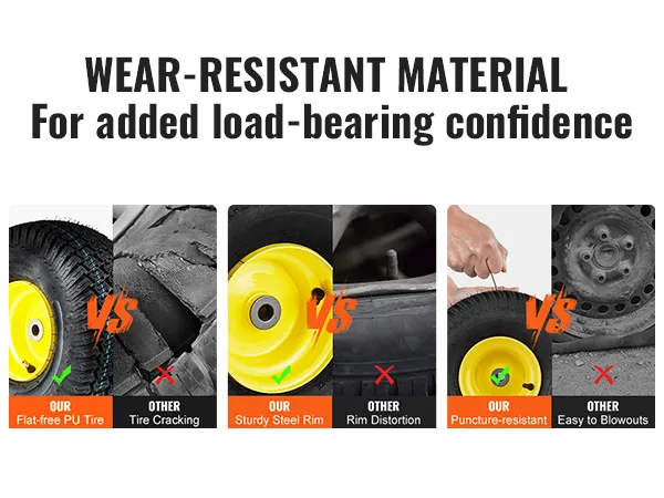 Comparación de neumáticos de PU resistentes al desgaste: neumáticos para cortadora de césped VEVOR frente a grietas, deformaciones de la llanta y reventones.