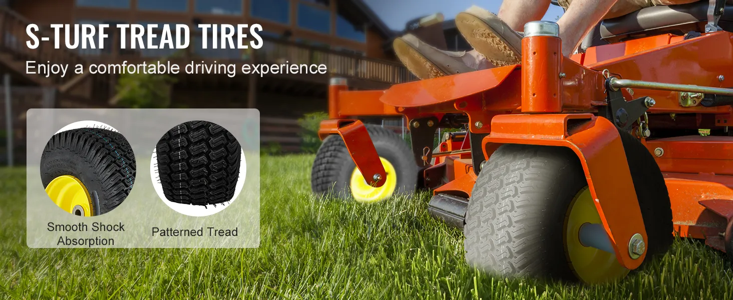 Neumáticos para cortadora de césped VEVOR con absorción de impactos suave y banda de rodadura estampada para una conducción cómoda.