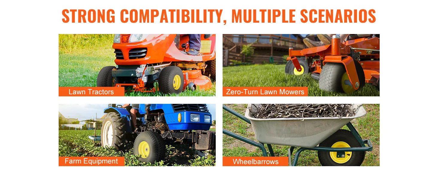 Fuerte compatibilidad de los neumáticos para cortadoras de césped VEVOR con tractores, cortadoras de césped de giro cero, equipos agrícolas y carretillas.