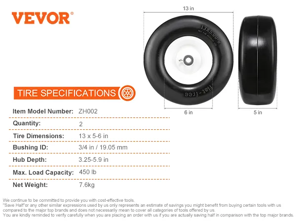 VEVOR lawn mower tires with 13x5-6 dimensions and 450 lb load capacity, set of 2. model zh002.
