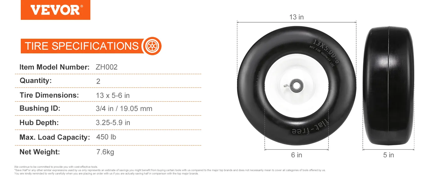 VEVOR lawn mower tires with 13x5-6 dimensions and 450 lb load capacity, set of 2. model zh002.