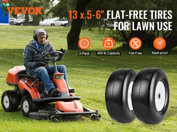 VEVOR lawn mower tires with flat-free design, 450 lb capacity, and blast-proof features for lawn use.