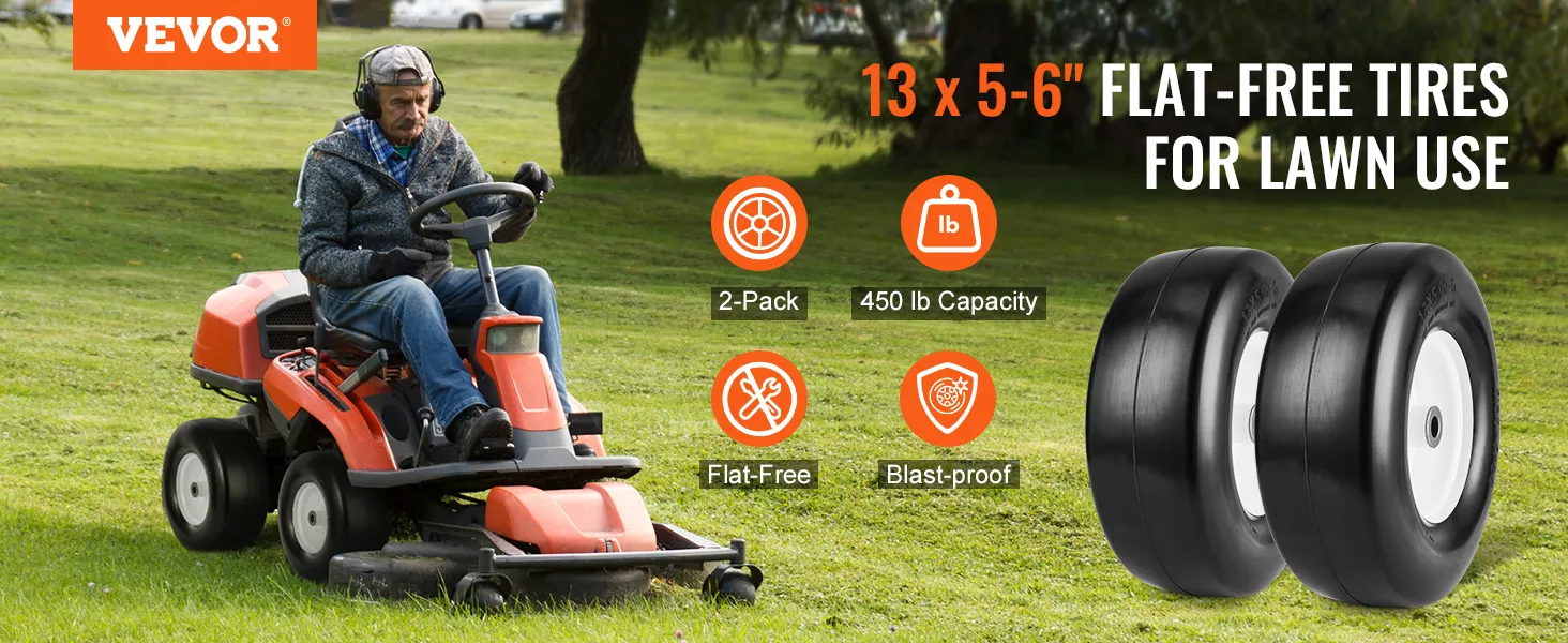 VEVOR lawn mower tires with flat-free design, 450 lb capacity, and blast-proof features for lawn use.
