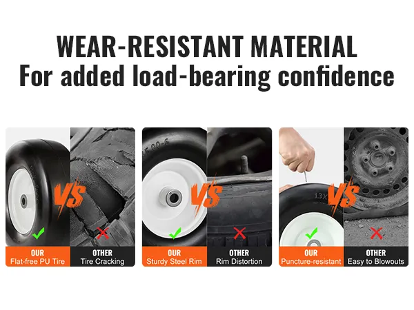 VEVOR lawn mower tires showing flat-free pu tire, sturdy steel rim, and puncture-resistant design.