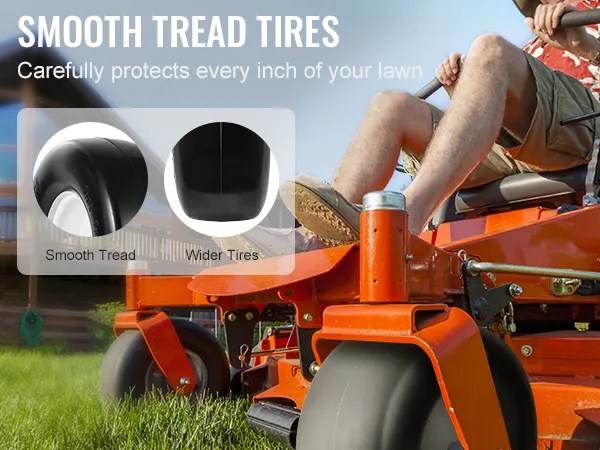 VEVOR lawn mower tires on grass with close-up insets of smooth tread and wider tires for lawn protection.