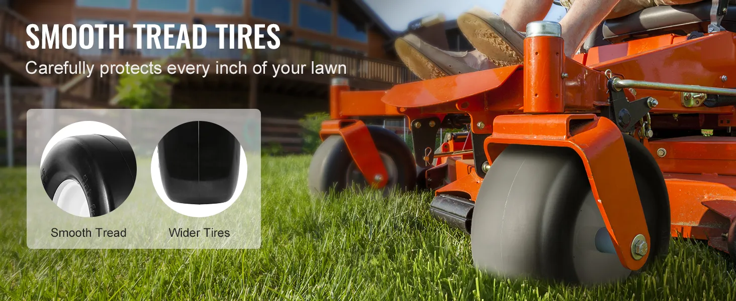 VEVOR lawn mower tires on grass with close-up insets of smooth tread and wider tires for lawn protection.