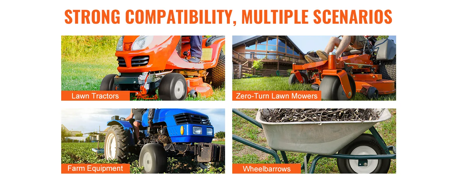 strong compatibility for VEVOR lawn mower tires with lawn tractors, zero-turn mowers, farm equipment, wheelbarrows.