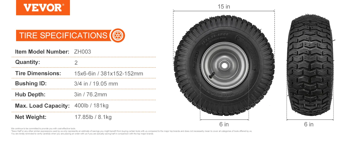 Especificaciones de neumáticos para cortadora de césped VEVOR: 15 x 6 pulgadas, diámetro interior de buje de 3/4 pulgadas, profundidad de cubo de 3 pulgadas, carga máxima de 400 libras.