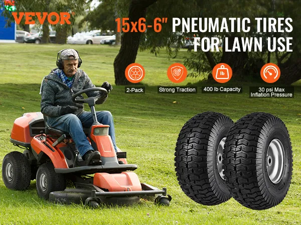 Neumáticos para cortadora de césped VEVOR, 15 x 6-6", paquete de 2, capacidad de 400 lb, inflado máximo de 30 psi, fuerte tracción.