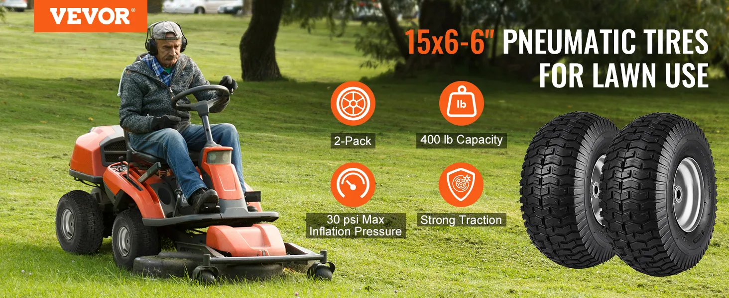 Neumáticos para cortadora de césped VEVOR, 15 x 6-6", paquete de 2, capacidad de 400 lb, inflado máximo de 30 psi, fuerte tracción.