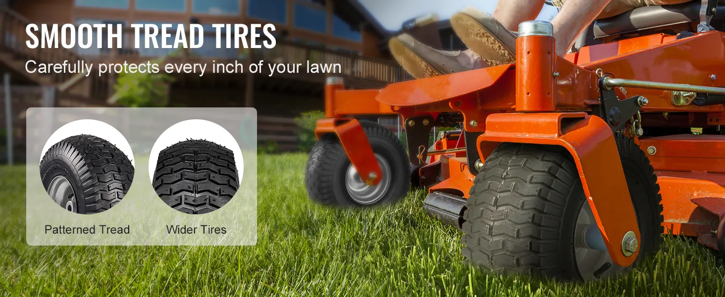 Los neumáticos para cortadora de césped VEVOR con banda de rodadura suave protegen el césped con bandas de rodadura estampadas y más anchas.