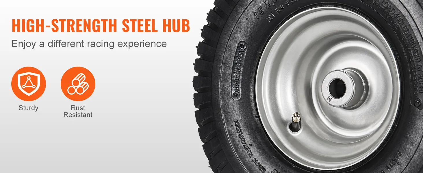 Buje de acero de alta resistencia con neumáticos para cortadora de césped VEVOR robustos y resistentes a la oxidación. Disfruta de una mejor experiencia.