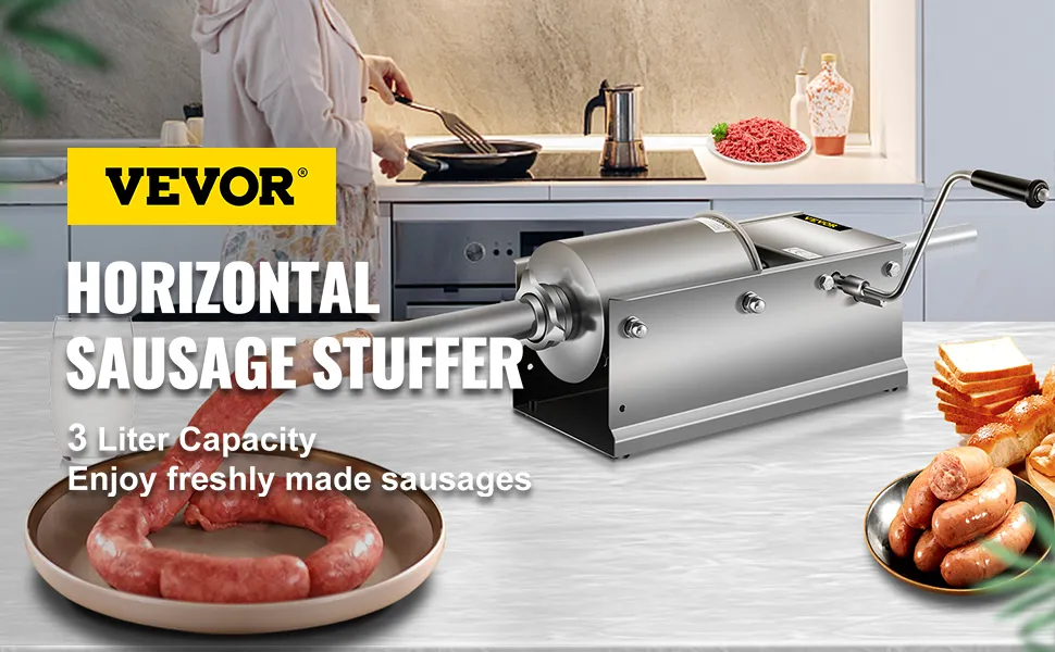 VEVOR sausage stuffer, 3-liter capacity, for freshly made sausages in a kitchen setting.
