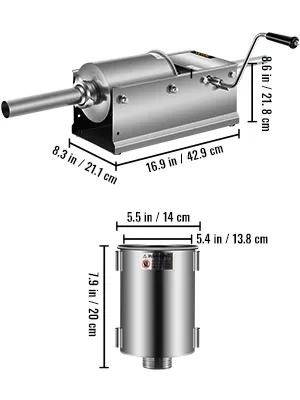 VEVOR sausage stuffer with detailed measurements in stainless steel.