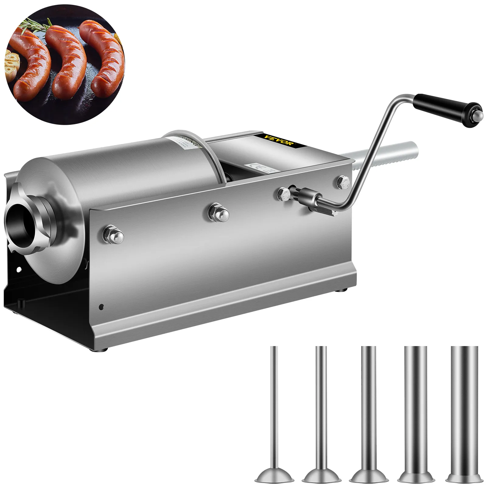 VEVOR sausage stuffer with four nozzles and a hand crank, sausage links in the background.