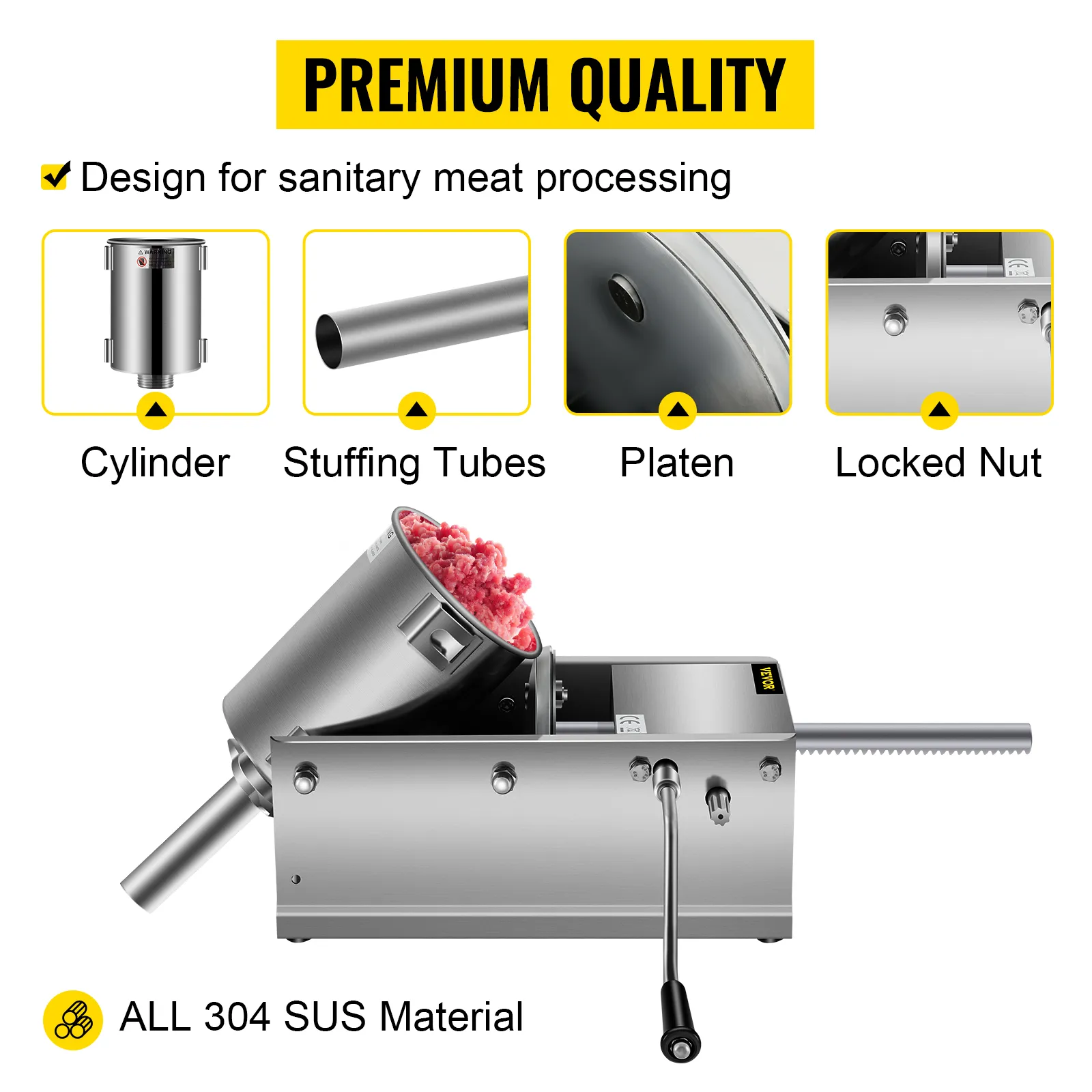 VEVOR sausage stuffer with cylinder, stuffing tubes, platen, locked nut, 304 sus material