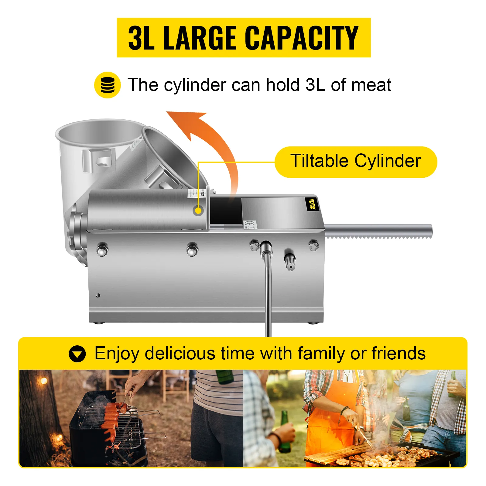 VEVOR sausage stuffer with 3l capacity and tiltable cylinder for family bbq enjoyment.