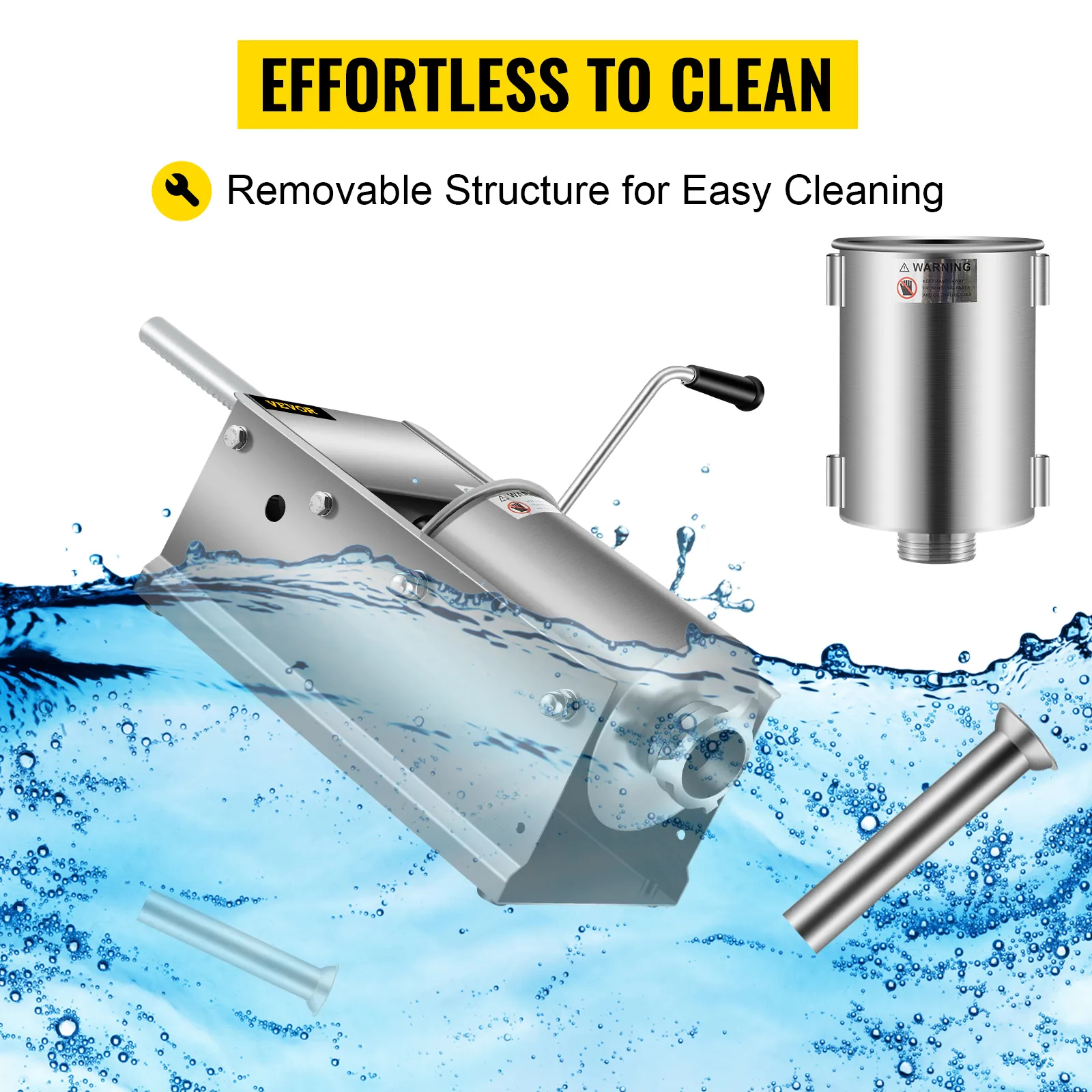 VEVOR sausage stuffer in water demonstrating effortless cleaning with removable parts.
