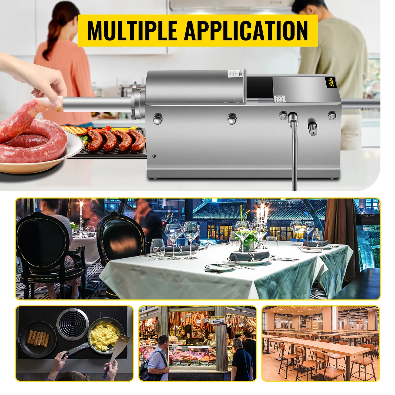VEVOR sausage stuffer in a modern kitchen with various application settings.