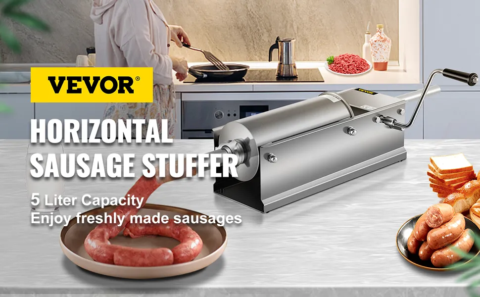 VEVOR sausage stuffer on kitchen counter with freshly made sausages and bread slices.