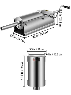 VEVOR sausage stuffer with dimensions, 22"x8.6"x8.3", 5.5" diameter.