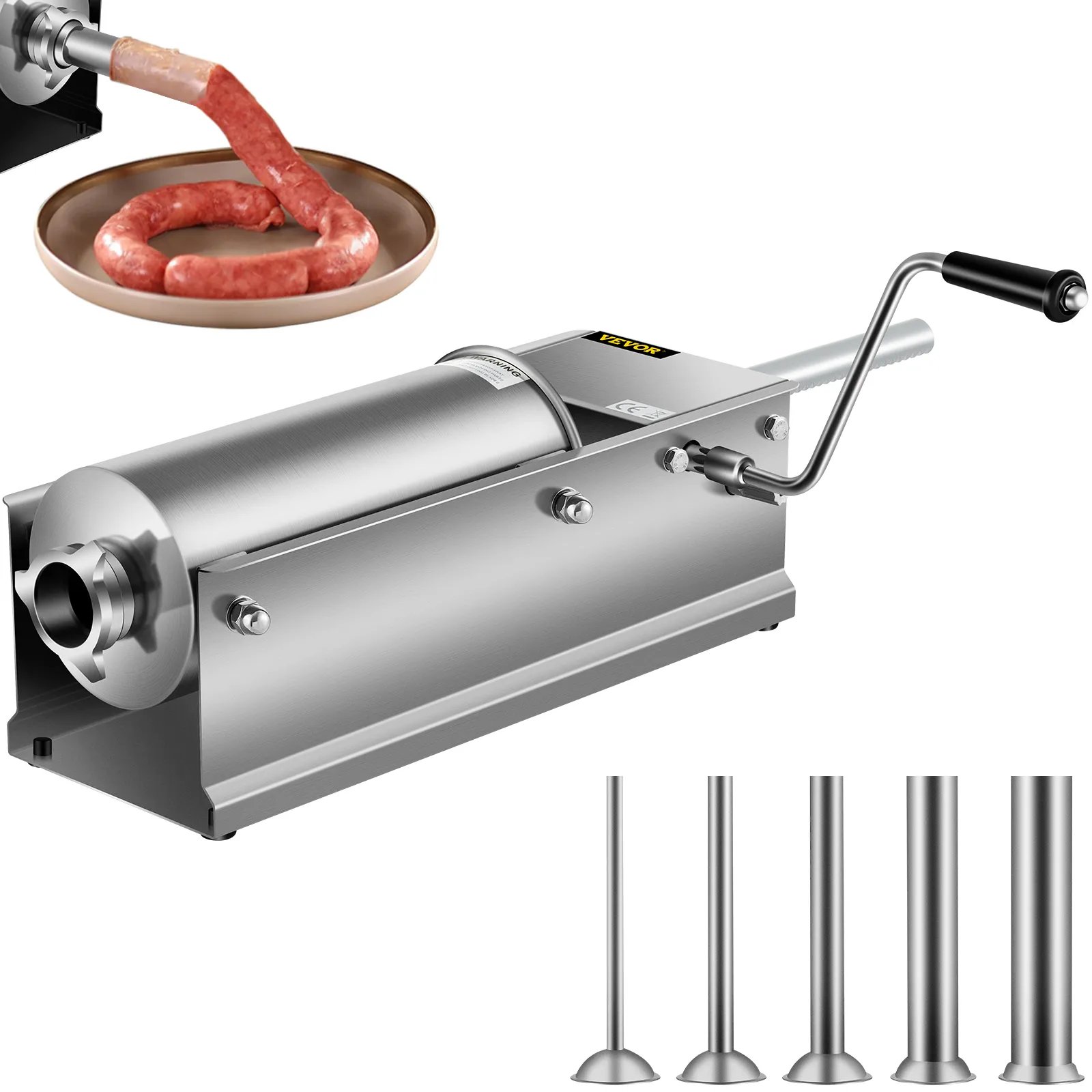 VEVOR sausage stuffer with manual handle and sausage links on a plate. four stuffing tubes.