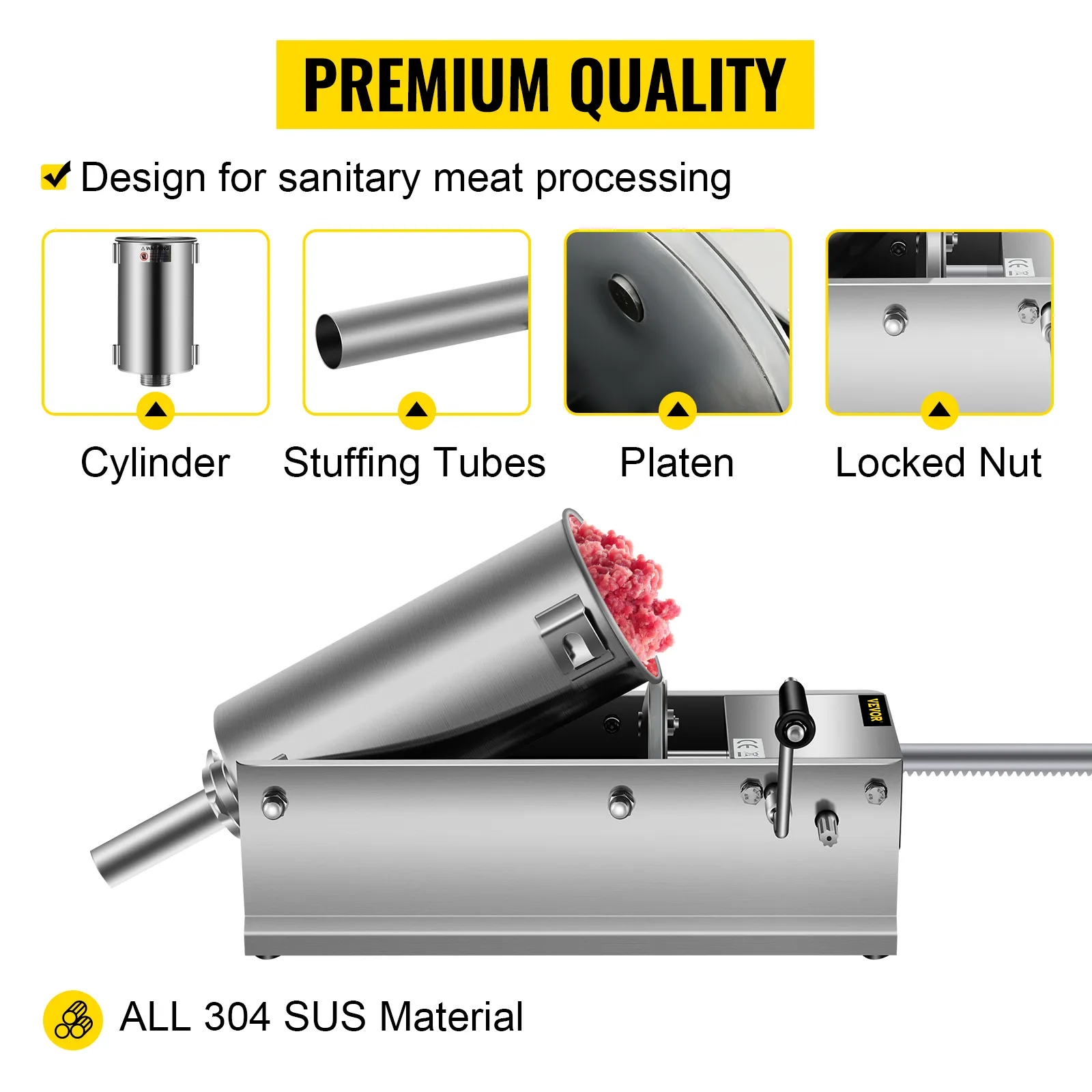 VEVOR sausage stuffer with cylinder, stuffing tubes, platen, and locked nut in 304 sus material.