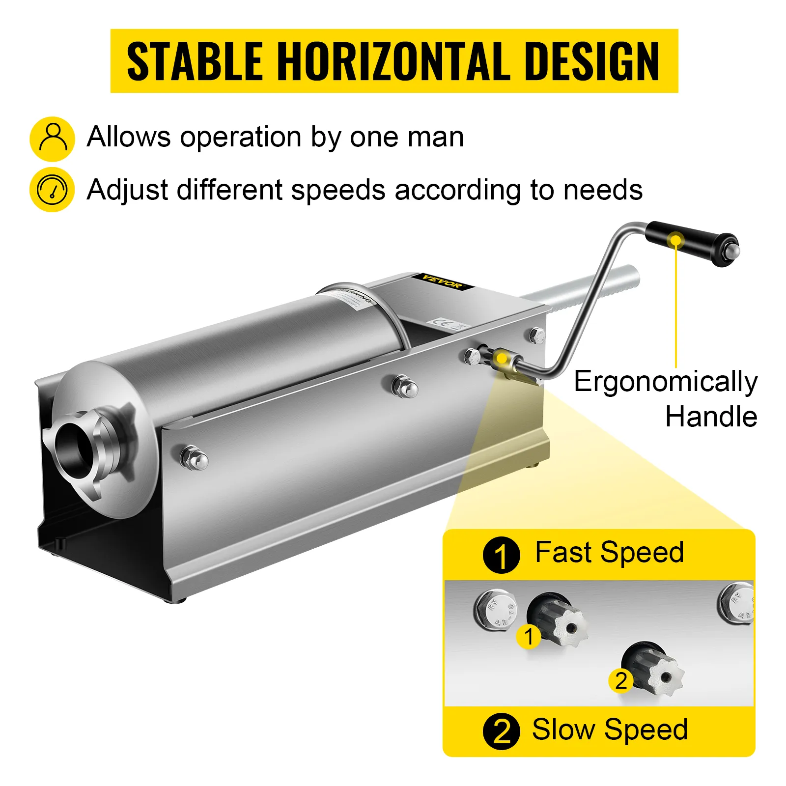 VEVOR sausage stuffer with ergonomic handle and adjustable speeds for easy operation.
