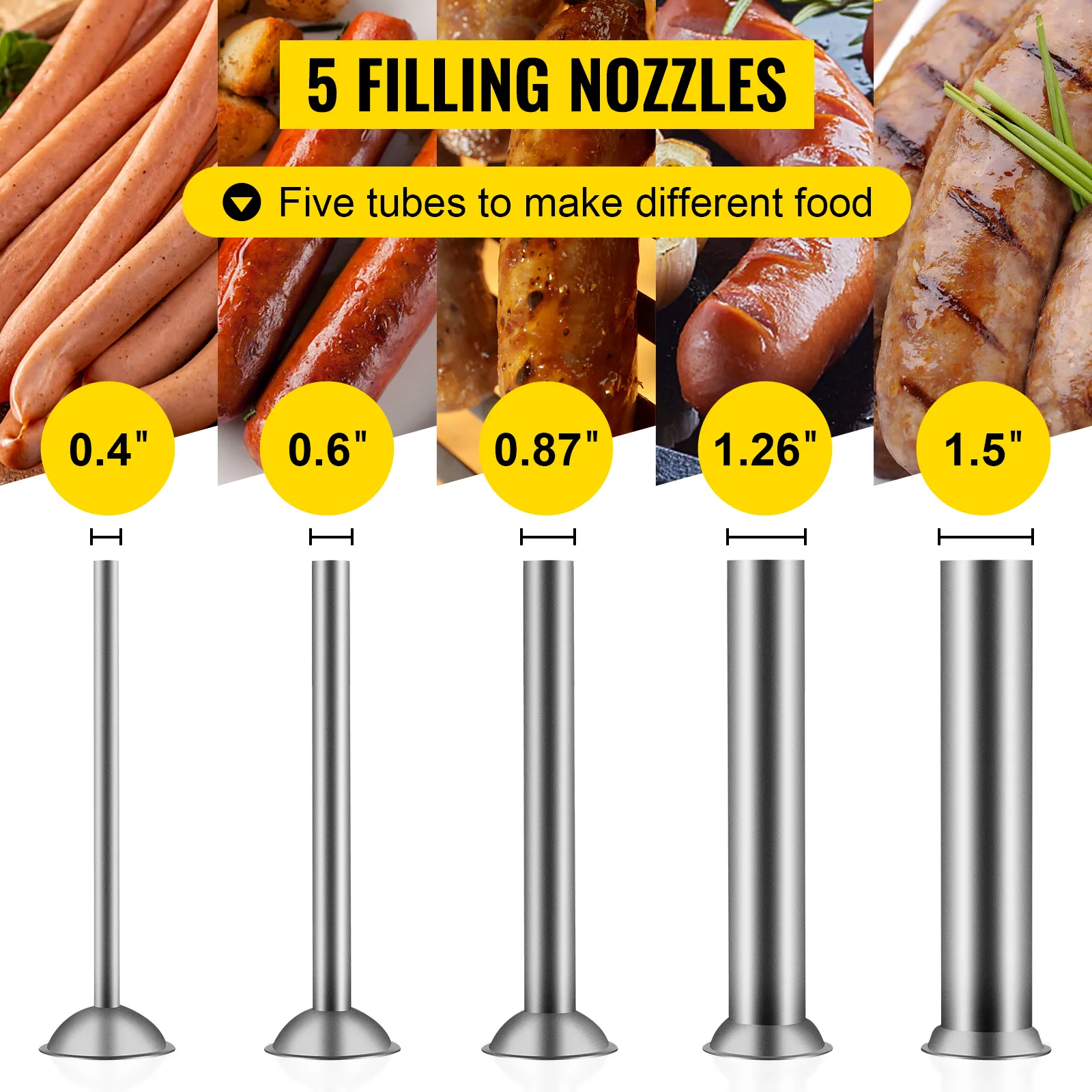 VEVOR sausage stuffer with 5 filling nozzles in varying sizes from 0.4" to 1.5".