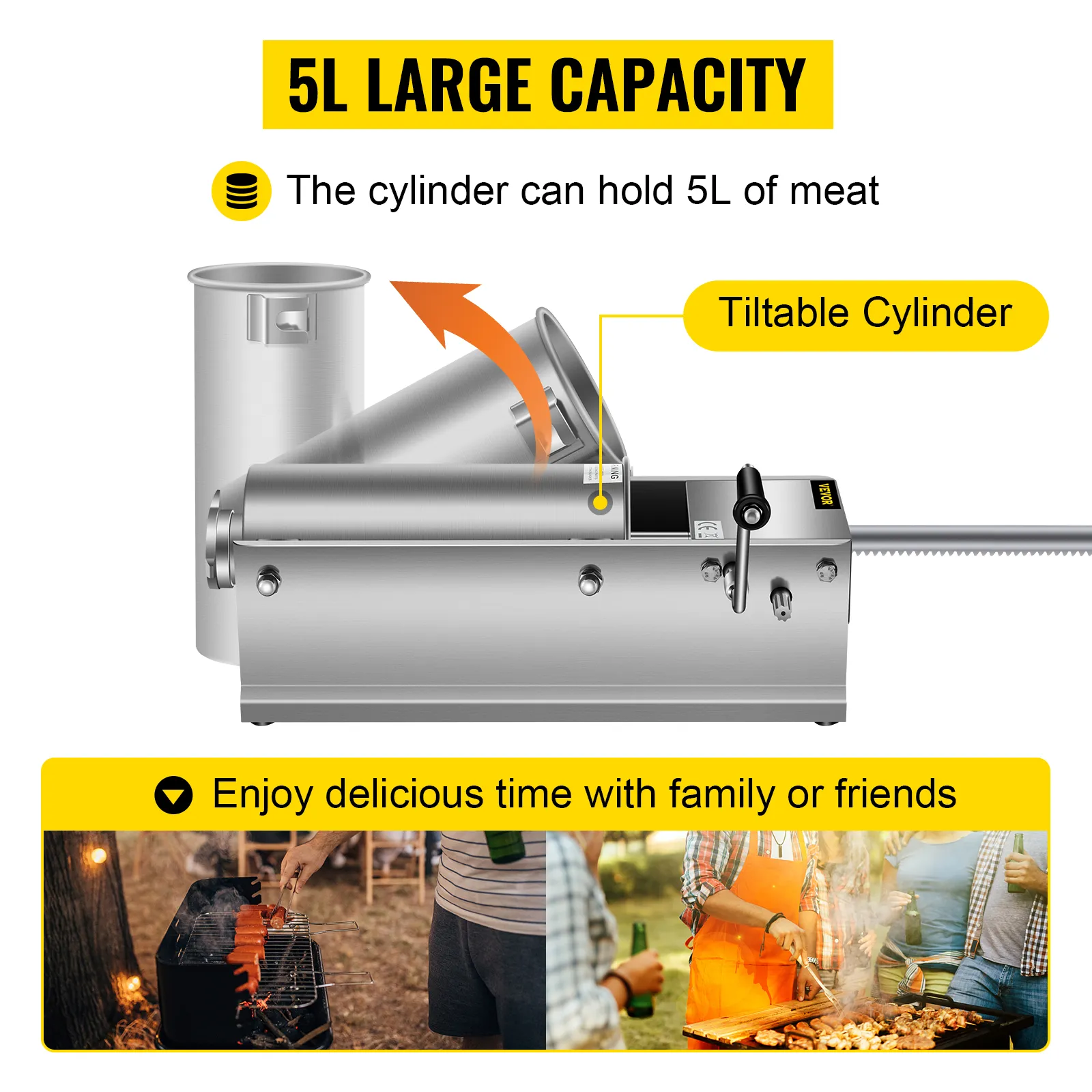 VEVOR sausage stuffer with 5l large capacity and tiltable cylinder for easy use.